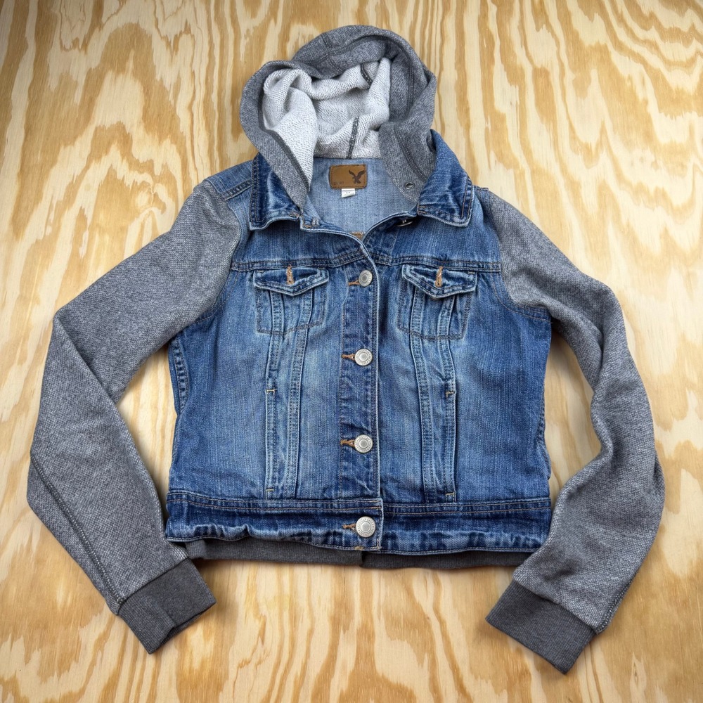 American Eagle Womens Denim Jacket Grey Knit Hooded Sleeves Blue Trucker Small